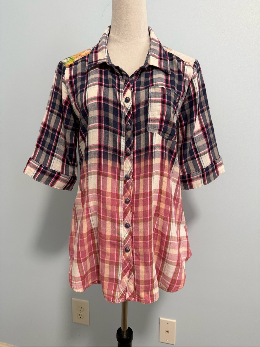 Aratta Silent Journey Women M Plaid Floral Embroidered Boho Tunic Shirt Cotton